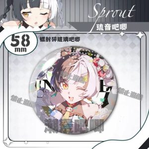 Round 58mm Zenless Zone Zero tinplate fan badge showing character Liuyin with split black and white hair and yellow eyes covered in a shimmering laser shattered-glass holographic film.