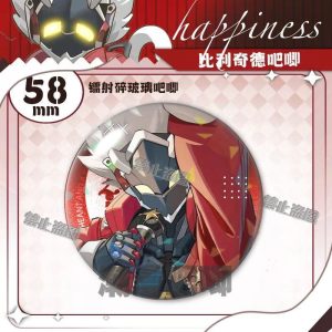 Round 58mm Zenless Zone Zero tinplate fan badge showing character Billy Kid with a mechanical mask and white hair covered in a shimmering laser shattered-glass holographic film.