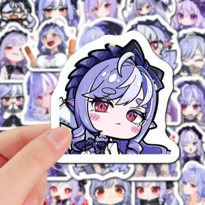 A collection of high-definition die-cut Zenless Zone Zero vinyl chibi stickers showing various cute, expressive poses of Section 6 character Tsukishiro Yanagi with light purple hair and ruby eyes.