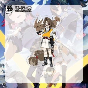 Two dual-sided clear Zenless Zone Zero acrylic chibi standees that convert into keychains, showing character Yeshiyuan with a black shadow wolf and character Sunna with brown fox ears and glasses.