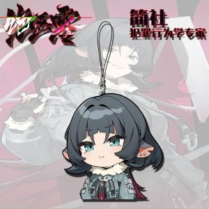 Four separate clear Zenless Zone Zero acrylic chibi phone charms on black strap loops showing character Jane Doe pulling cute emoji expressions like winking, pouting, and smiling with green eyes.