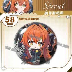 Round $58\text{mm}$ Zenless Zone Zero tinplate fan badge showing character Orpheus with orange hair, green eyes, and horns covered in a shimmering laser shattered-glass holographic film.