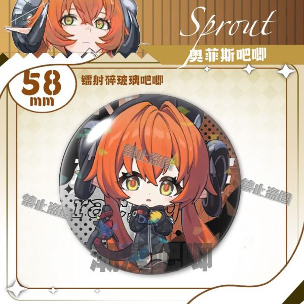 Round $58\text{mm}$ Zenless Zone Zero tinplate fan badge showing character Orpheus with orange hair, green eyes, and horns covered in a shimmering laser shattered-glass holographic film.
