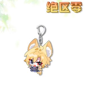 Two separate clear Zenless Zone Zero acrylic chibi keychains showing a white wolf character with mismatched eyes and a blonde fox character winking with large fluffy ears.
