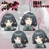 Four separate clear Zenless Zone Zero acrylic chibi phone charms on black strap loops showing character Jane Doe pulling cute emoji expressions like winking, pouting, and smiling with green eyes.