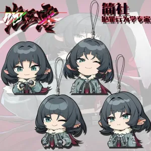 Four separate clear Zenless Zone Zero acrylic chibi phone charms on black strap loops showing character Jane Doe pulling cute emoji expressions like winking, pouting, and smiling with green eyes.