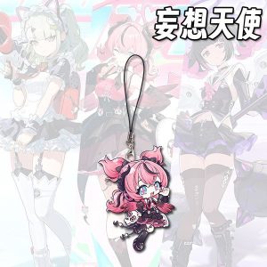 Three separate Zenless Zone Zero acrylic chibi phone charms on black strap loops featuring cute winged angel characters with green, pink, and dark purple hair.
