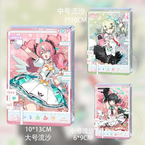 Thick rectangular Zenless Zone Zero acrylic quicksand card bricks themed like a computer window interface, showing characters Sunna, Nanomiya Yu, and Promeia as virtual angels.