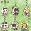 Three clear Zenless Zone Zero acrylic chibi keychains showing character Caesar looking at a tablet, character Trigger blushing with a visor, and character Pulchra smirking with cat ears.