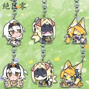 Three clear Zenless Zone Zero acrylic chibi keychains showing character Caesar looking at a tablet, character Trigger blushing with a visor, and character Pulchra smirking with cat ears.