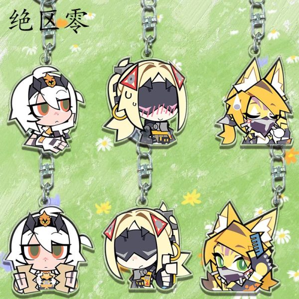 Three clear Zenless Zone Zero acrylic chibi keychains showing character Caesar looking at a tablet, character Trigger blushing with a visor, and character Pulchra smirking with cat ears.