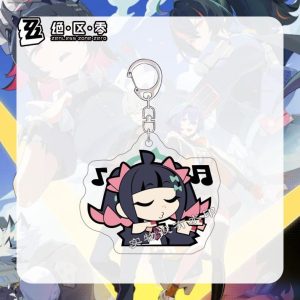 Four separate clear Zenless Zone Zero acrylic chibi keychains showing character Nanomiya Yu whistling music and sorting coins, and character Cephora looking panicked and smirking.