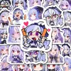 A collection of high-definition die-cut Zenless Zone Zero vinyl chibi stickers showing various cute, expressive poses of Section 6 character Tsukishiro Yanagi with light purple hair and ruby eyes.