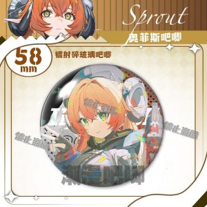 Round $58\text{mm}$ Zenless Zone Zero tinplate fan badge showing character Orpheus with orange hair, green eyes, and horns covered in a shimmering laser shattered-glass holographic film.