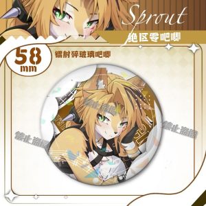 Round 58mm Zenless Zone Zero tinplate fan badge showing character Pokona with feline ears, blonde hair, and green eyes covered in a shimmering laser shattered-glass holographic film.