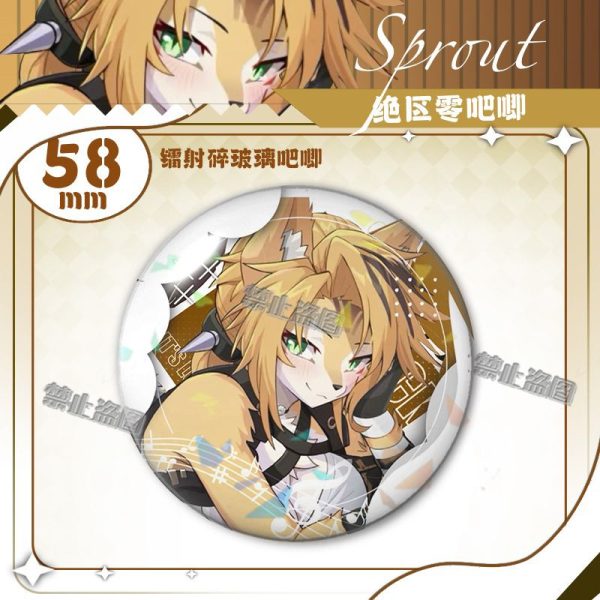 Round 58mm Zenless Zone Zero tinplate fan badge showing character Pokona with feline ears, blonde hair, and green eyes covered in a shimmering laser shattered-glass holographic film.