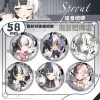 Round 58mm Zenless Zone Zero tinplate fan badge showing character Liuyin with split black and white hair and yellow eyes covered in a shimmering laser shattered-glass holographic film.