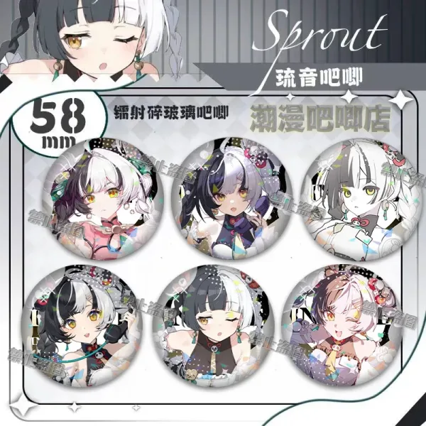 Round 58mm Zenless Zone Zero tinplate fan badge showing character Liuyin with split black and white hair and yellow eyes covered in a shimmering laser shattered-glass holographic film.