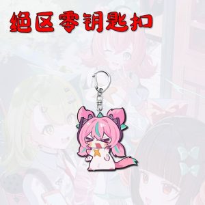 Two separate Zenless Zone Zero acrylic chibi keychains showing character Nanomiya Yu as a blushing green cat and character Irene as a pouting pink cat with twintail ears.