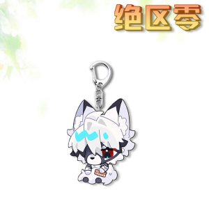 Two separate clear Zenless Zone Zero acrylic chibi keychains showing a white wolf character with mismatched eyes and a blonde fox character winking with large fluffy ears.