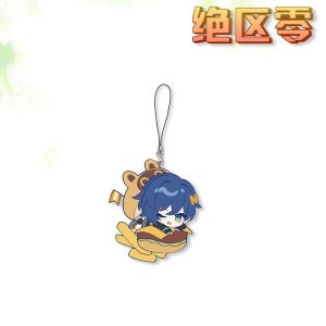 Three separate clear Zenless Zone Zero acrylic chibi phone charms on black strap loops showing character Wise inside a croissant, Harumasa on a pudding cake, and Belle inside a bear burger.