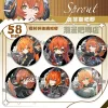 Round $58\text{mm}$ Zenless Zone Zero tinplate fan badge showing character Orpheus with orange hair, green eyes, and horns covered in a shimmering laser shattered-glass holographic film.