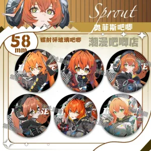 Round $58\text{mm}$ Zenless Zone Zero tinplate fan badge showing character Orpheus with orange hair, green eyes, and horns covered in a shimmering laser shattered-glass holographic film.