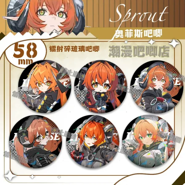 Round $58\text{mm}$ Zenless Zone Zero tinplate fan badge showing character Orpheus with orange hair, green eyes, and horns covered in a shimmering laser shattered-glass holographic film.