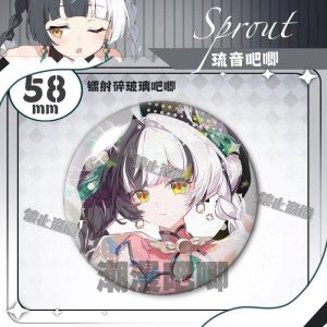 Round 58mm Zenless Zone Zero tinplate fan badge showing character Liuyin with split black and white hair and yellow eyes covered in a shimmering laser shattered-glass holographic film.