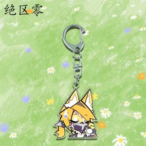 Three clear Zenless Zone Zero acrylic chibi keychains showing character Caesar looking at a tablet, character Trigger blushing with a visor, and character Pulchra smirking with cat ears.