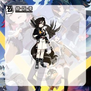 Two dual-sided clear Zenless Zone Zero acrylic chibi standees that convert into keychains, showing character Yeshiyuan with a black shadow wolf and character Sunna with brown fox ears and glasses.