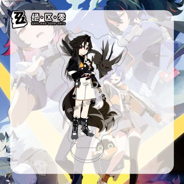 Two dual-sided clear Zenless Zone Zero acrylic chibi standees that convert into keychains, showing character Yeshiyuan with a black shadow wolf and character Sunna with brown fox ears and glasses.