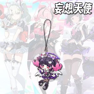 Three separate Zenless Zone Zero acrylic chibi phone charms on black strap loops featuring cute winged angel characters with green, pink, and dark purple hair.