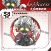 Round 58mm Zenless Zone Zero tinplate fan badge showing character Billy Kid with a mechanical mask and white hair covered in a shimmering laser shattered-glass holographic film.