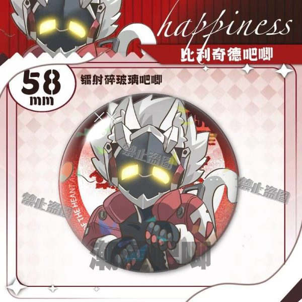 Round 58mm Zenless Zone Zero tinplate fan badge showing character Billy Kid with a mechanical mask and white hair covered in a shimmering laser shattered-glass holographic film.