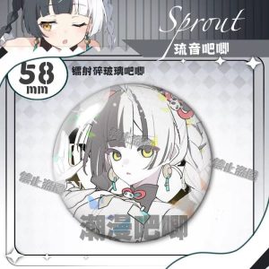 Round 58mm Zenless Zone Zero tinplate fan badge showing character Liuyin with split black and white hair and yellow eyes covered in a shimmering laser shattered-glass holographic film.