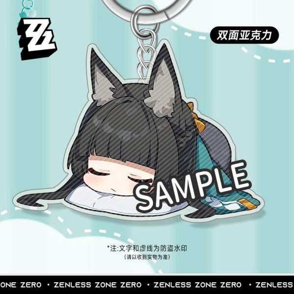 Zenless Zone Zero anime keychain featuring character artwork, acrylic, plush or silicone hanging charm for keys, backpacks, handbags and accessories, collectible HoYoverse game merchandise for fans.