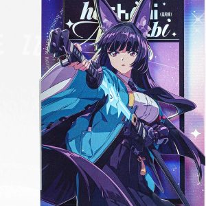 3D lenticular postcard featuring Zenless Zone Zero characters Tsukishiro Yanagi and Hoshimi Miyabi with a layered depth effect shifting as the card tilts.