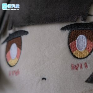 Front-facing view of a cute chibi hand puppet plush toy featuring Hoshimi Miyabi from Zenless Zone Zero, with soft dark hair, plush fox-ear detailing, signature Section 6 uniform, and a bottom opening for interactive hand puppet play.
