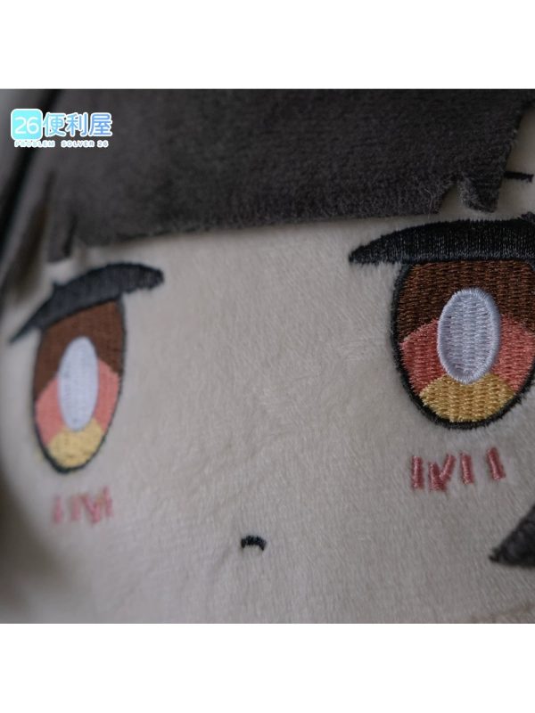 Front-facing view of a cute chibi hand puppet plush toy featuring Hoshimi Miyabi from Zenless Zone Zero, with soft dark hair, plush fox-ear detailing, signature Section 6 uniform, and a bottom opening for interactive hand puppet play.