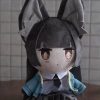 Front-facing view of a cute chibi hand puppet plush toy featuring Hoshimi Miyabi from Zenless Zone Zero, with soft dark hair, plush fox-ear detailing, signature Section 6 uniform, and a bottom opening for interactive hand puppet play.