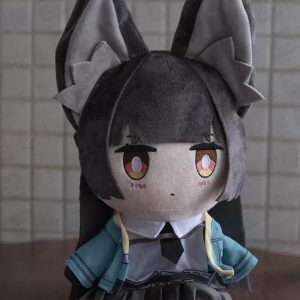 Front-facing view of a cute chibi hand puppet plush toy featuring Hoshimi Miyabi from Zenless Zone Zero, with soft dark hair, plush fox-ear detailing, signature Section 6 uniform, and a bottom opening for interactive hand puppet play.