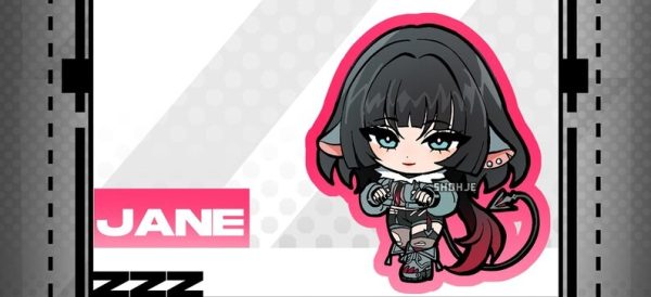 Two acrylic keychains featuring chibi anime illustrations of Seth Lowell with a blue border and Jane Doe with a pink border from Zenless Zone Zero, attached to black metal clasps.