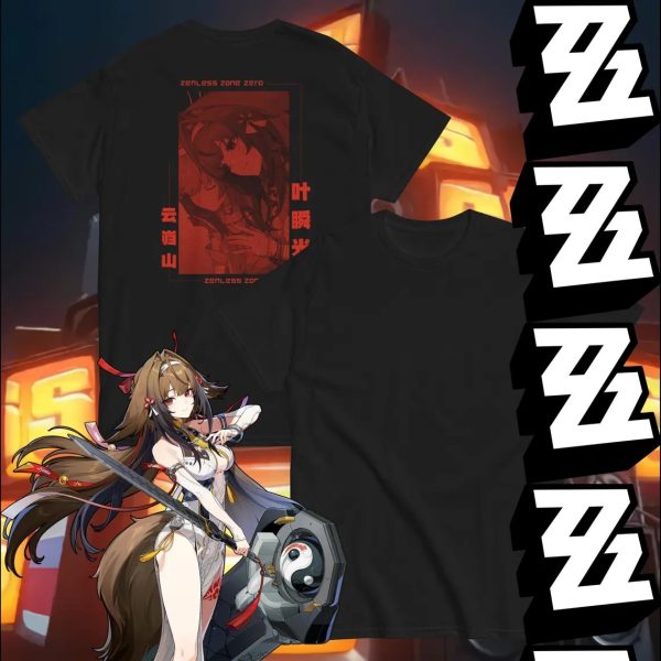A collection of three T-shirts in white, black, and burgundy, featuring a red graphic of the Zenless Zone Zero character Ye Shunguang in a manga panel style on the back, shown alongside a full-color character illustration.