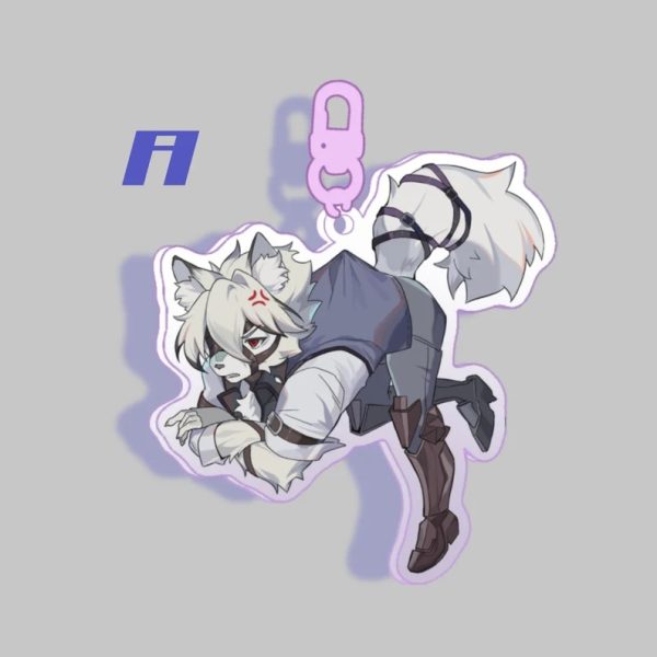 A collection of three clear acrylic keychains featuring fan-made illustrations of Zenless Zone Zero characters: Ben Bigger eating, Ellen Joe with her weapon, and Von Lycaon crouching. Each charm has a color-matched plastic clasp.