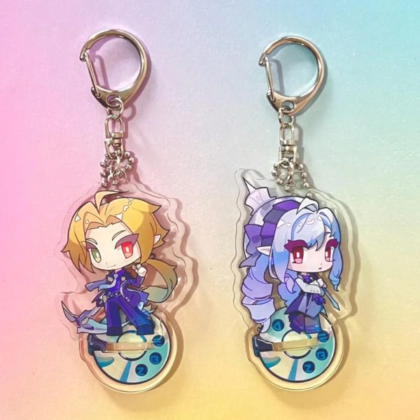Two clear acrylic anime keychains featuring chibi versions of Hugo and Vivian from Zenless Zone Zero. The characters are shown both lying flat as keychains with metal clasps and slotted into their round rotary dial bases to stand upright as mini figures.