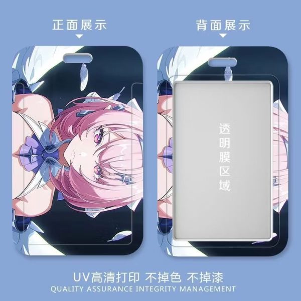 Three variations of a sliding card holder featuring an anime girl with pink hair and angel wings. The front shows the full character artwork, while the back displays the artwork border around a clear transparent window for an ID card.
