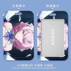 Three variations of a sliding card holder featuring an anime girl with pink hair and angel wings. The front shows the full character artwork, while the back displays the artwork border around a clear transparent window for an ID card.