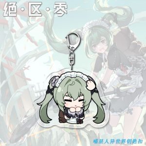 A collection of four clear acrylic keychains featuring the Zenless Zone Zero character Corin Wickes in a chibi art style. She is shown with various expressions including crying, shocked, nervous, and holding a blank sign.