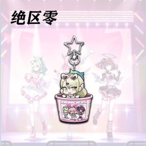 A collection of three clear acrylic keychains featuring Zenless Zone Zero anime characters Chinatsu, Airi, and Nangong Yu drawn in a chibi style, sitting inside pink fast-food fried chicken buckets. Each charm is attached to a silver star-shaped metal clasp.